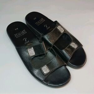Italian Shoemakers Women’s Slide Sandals Black Rhinestone Leather Size 11M